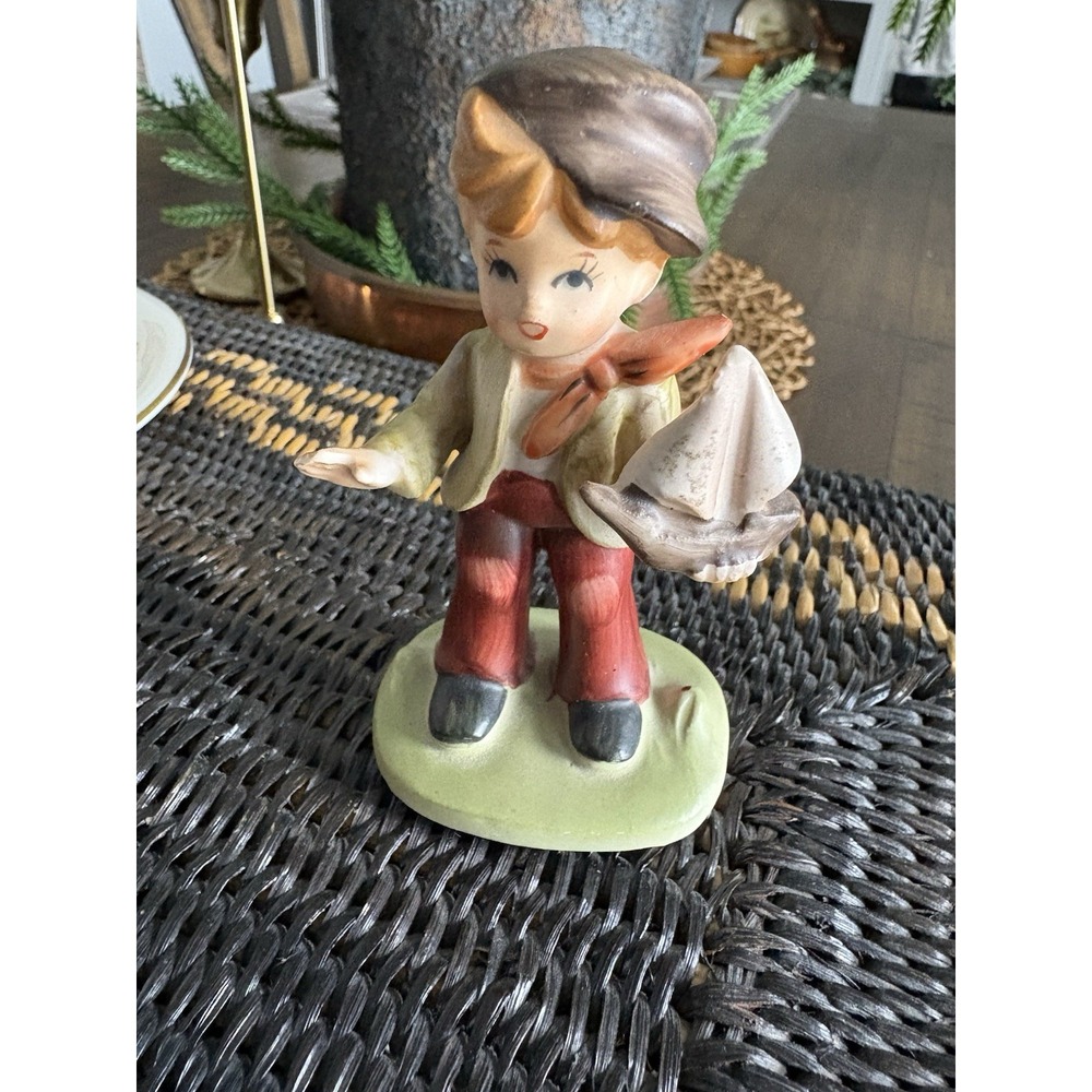 VTG Napcoware Boy Sailor With Toy Sail‎ Boat Porcelain Figurine 4" Kitschy